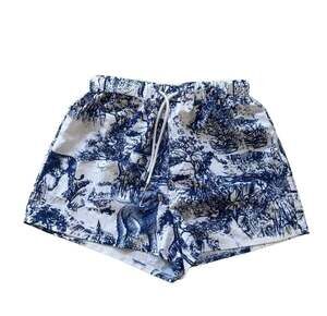 Women's Blue and White Toile De Jouy Print Elastic Waist Drawstring